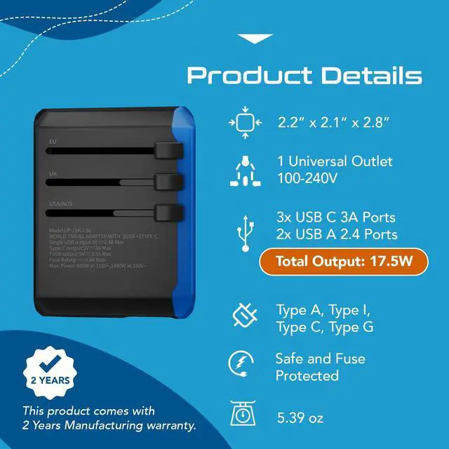 Alt view image 4 of 7 - 5 in 1 Universal Travel Adapter, 2 USB-A + 2 USB-C, 4 Plug Outputs