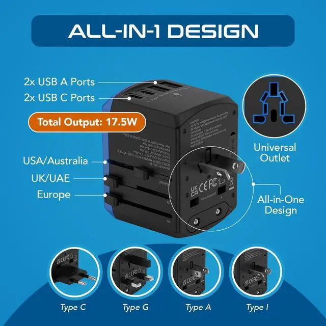Alt view image 3 of 7 - 5 in 1 Universal Travel Adapter, 2 USB-A + 2 USB-C, 4 Plug Outputs