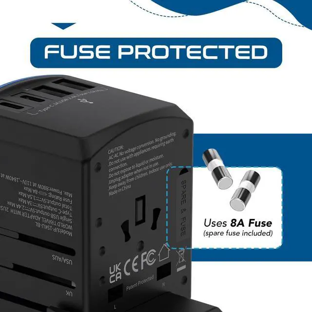 Alt view image 7 of 7 - 5 in 1 Universal Travel Adapter, 2 USB-A + 2 USB-C, 4 Plug Outputs