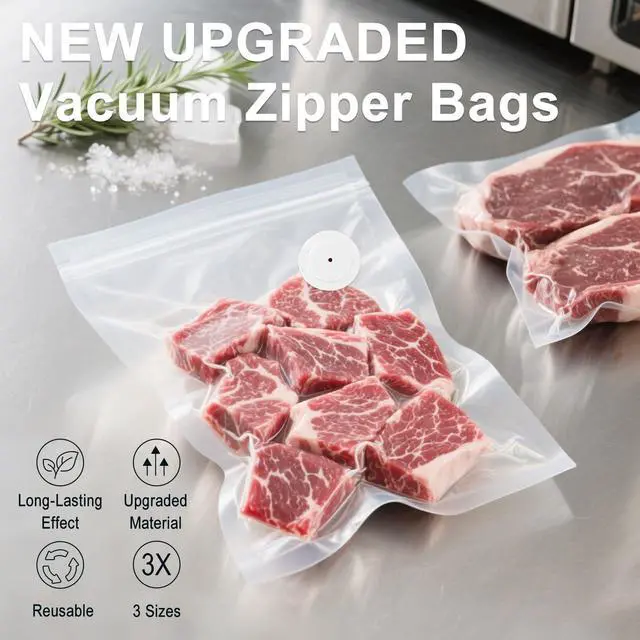 Alt view image 3 of 6 - Vacuum Zipper Bags 20Pcs (8.5 * 8.5in), BPA Free, Reusable Food Storage Bags with Air Valve for Sous Vide Cooking/Freezer/Microwave Heating, with 5 Seal Clips.