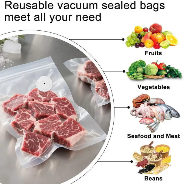 Alt view image 4 of 6 - Vacuum Zipper Bags 20Pcs (8.5 * 8.5in), BPA Free, Reusable Food Storage Bags with Air Valve for Sous Vide Cooking/Freezer/Microwave Heating, with 5 Seal Clips.