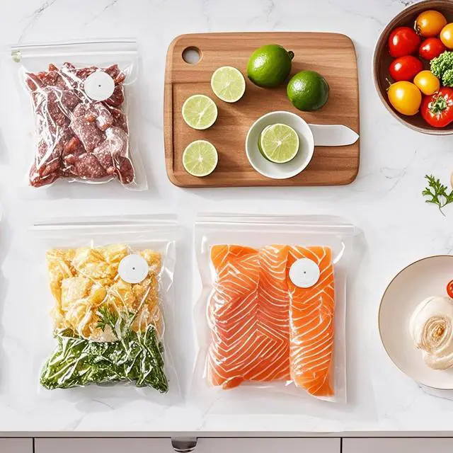 Alt view image 6 of 6 - Vacuum Zipper Bags 20Pcs (8.5 * 8.5in), BPA Free, Reusable Food Storage Bags with Air Valve for Sous Vide Cooking/Freezer/Microwave Heating, with 5 Seal Clips.