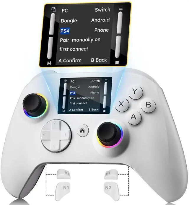 Main image of Interactive Screen Wireless Gaming Controller for PC/PS4/ Switch/Android/iOS, 4 Programmable Buttons, Turbo, 6-axis Gyro, Dual Vibration, RGB Lighting, Share, Screenshot, 1000mAh, Wake-up White