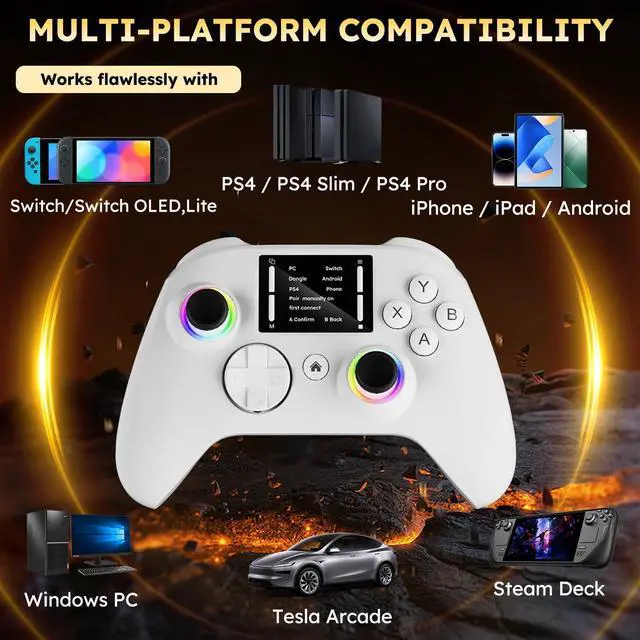 Alt view image 4 of 7 - Interactive Screen Wireless Gaming Controller for PC/PS4/ Switch/Android/iOS, 4 Programmable Buttons, Turbo, 6-axis Gyro, Dual Vibration, RGB Lighting, Share, Screenshot, 1000mAh, Wake-up White