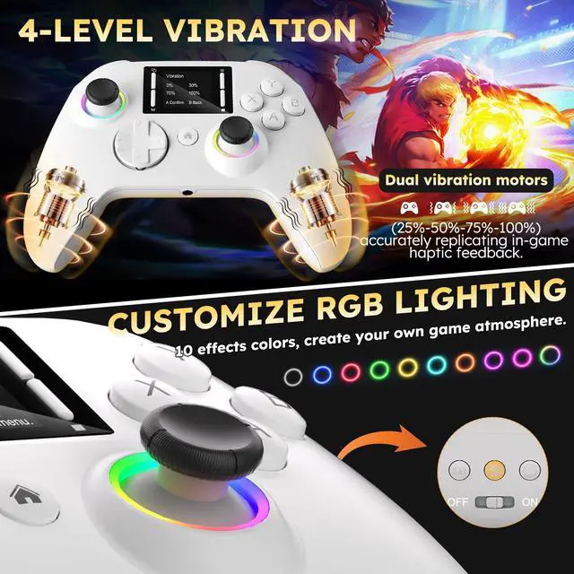 Alt view image 5 of 7 - Interactive Screen Wireless Gaming Controller for PC/PS4/ Switch/Android/iOS, 4 Programmable Buttons, Turbo, 6-axis Gyro, Dual Vibration, RGB Lighting, Share, Screenshot, 1000mAh, Wake-up White