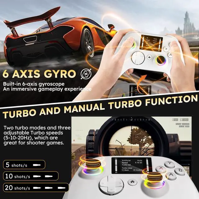 Alt view image 6 of 7 - Interactive Screen Wireless Gaming Controller for PC/PS4/ Switch/Android/iOS, 4 Programmable Buttons, Turbo, 6-axis Gyro, Dual Vibration, RGB Lighting, Share, Screenshot, 1000mAh, Wake-up White