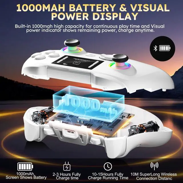 Alt view image 7 of 7 - Interactive Screen Wireless Gaming Controller for PC/PS4/ Switch/Android/iOS, 4 Programmable Buttons, Turbo, 6-axis Gyro, Dual Vibration, RGB Lighting, Share, Screenshot, 1000mAh, Wake-up White