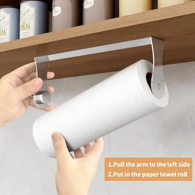 Alt view image 3 of 7 - Paper Towel Holder Under Cabinet, Wall Mount Paper Towel Holder for Kitchen Bathroom, Stainless Steel, Adhesive or Screws, Silver