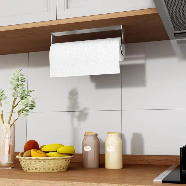 Alt view image 7 of 7 - Paper Towel Holder Under Cabinet, Wall Mount Paper Towel Holder for Kitchen Bathroom, Stainless Steel, Adhesive or Screws, Silver