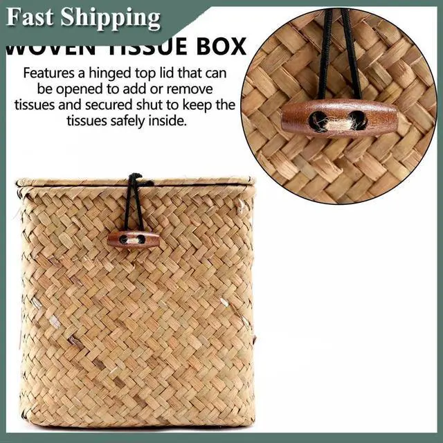 Main image of 2 Pack Square Seagrass Facial Tissue Box - Decorative Woven Paper Holder Napkin Dispenser - Straw Tissue Box Cover