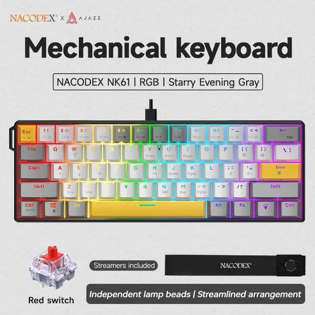Main image of AJAZZ NK61 Wired Full-Color Backlit Side Ambient Light Box, 61 Key Layout, Includes Ribbon, Hot-Swappable Sockets, Red Switch, Fine-Tuning Satellite Switch Black gray yellow