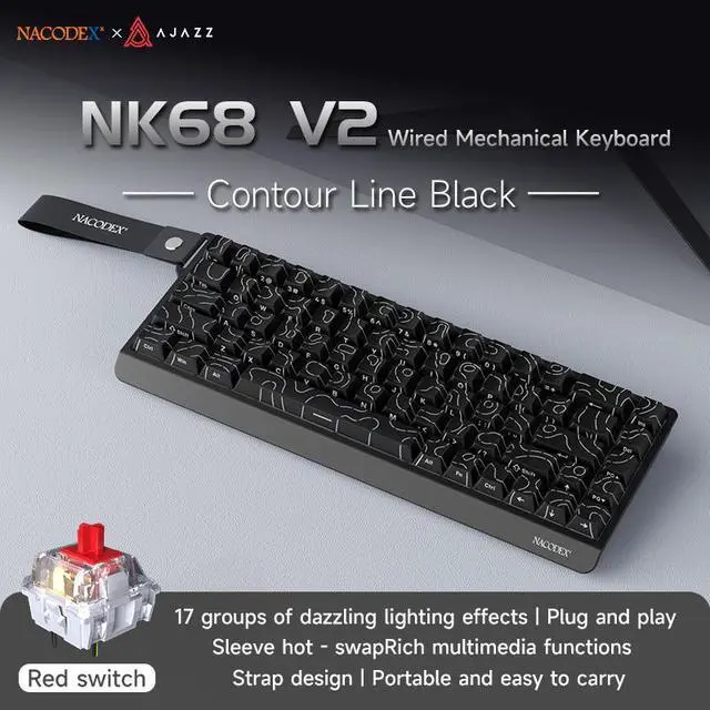 Main image of AJAZZ NK68 V2 Mechanical Keyboard, 68-Key Hot-Swappable Red Switch, 17 RGB Lighting Modes, Portable Carrying Strap, Multi-System Compatible Contour lines black