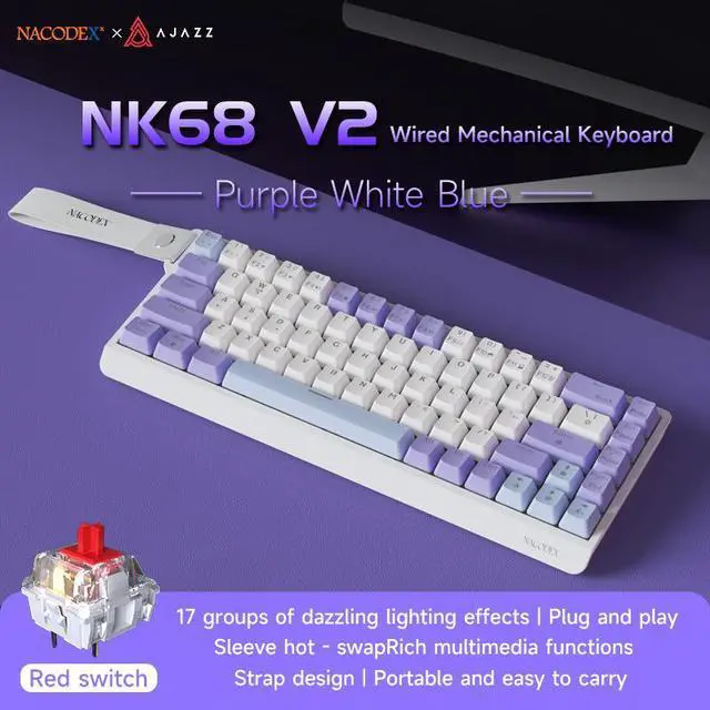Main image of AJAZZ NK68 V2 Mechanical Keyboard, 68-Key Hot-Swappable Red Switch, 17 RGB Lighting Modes, Portable Carrying Strap, Multi-System Compatible Purple White Blue
