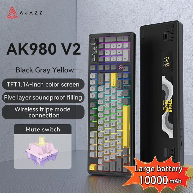 Main image of AJAZZ AK980 V2 Mechanical Gaming Keyboard with Display Screen, 10000mAh Battery, 98% Wireless Keyboard with BT/USB-C/2.4GHz, Hot Swappable, Linear Switch, Knob, RGB for Win/Mac