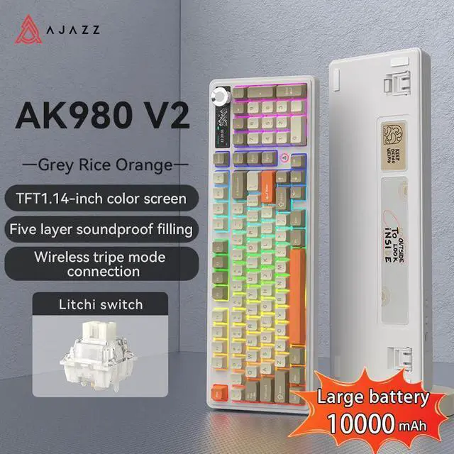 Main image of AJAZZ AK980 V2 Mechanical Gaming Keyboard with Display Screen, 10000mAh Battery, 98% Wireless Keyboard with BT/USB-C/2.4GHz, Hot Swappable, Linear Switch, Knob, RGB for Win/Mac