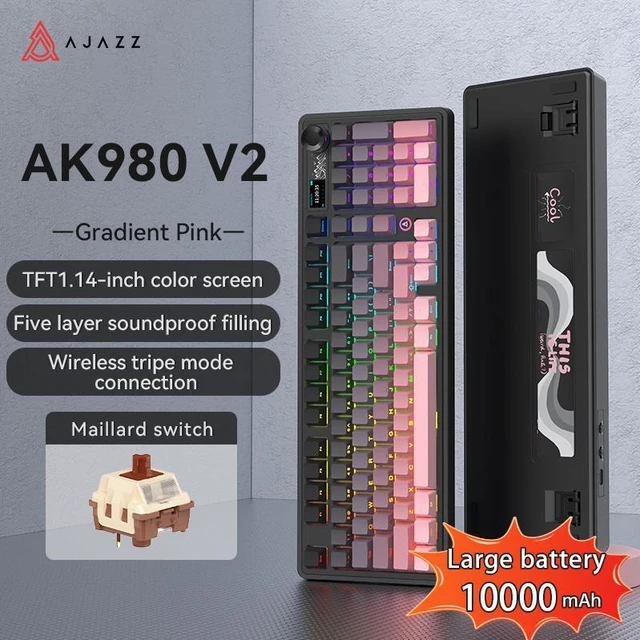 Main image of AJAZZ AK980 V2 Mechanical Gaming Keyboard with Display Screen, 10000mAh Battery, 98% Wireless Keyboard with BT/USB-C/2.4GHz, Hot Swappable, Linear Switch, Knob, RGB for Win/Mac