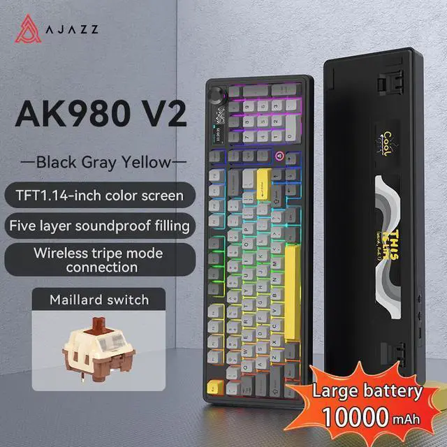 Main image of AJAZZ AK980 V2 Mechanical Gaming Keyboard with Display Screen, 10000mAh Battery, 98% Wireless Keyboard with BT/USB-C/2.4GHz, Hot Swappable, Linear Switch, Knob, RGB for Win/Mac