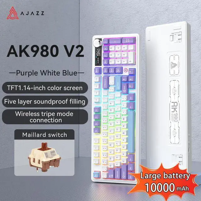 Main image of AJAZZ AK980 V2 Mechanical Gaming Keyboard with Display Screen, 10000mAh Battery, 98% Wireless Keyboard with BT/USB-C/2.4GHz, Hot Swappable, Linear Switch, Knob, RGB for Win/Mac