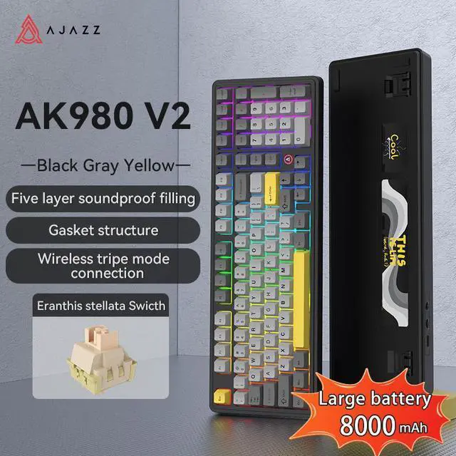 Main image of AJAZZ AK980 V2 Mechanical Gaming Keyboard with Display Screen, 10000mAh Battery, 98% Wireless Keyboard with BT/USB-C/2.4GHz, Hot Swappable, Linear Switch, Knob, RGB for Win/Mac