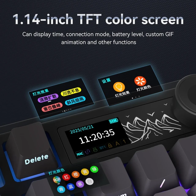 Alt view image 5 of 7 - AJAZZ AK980 V2 Mechanical Gaming Keyboard with Display Screen, 10000mAh Battery, 98% Wireless Keyboard with BT/USB-C/2.4GHz, Hot Swappable, Linear Switch, Knob, RGB for Win/Mac