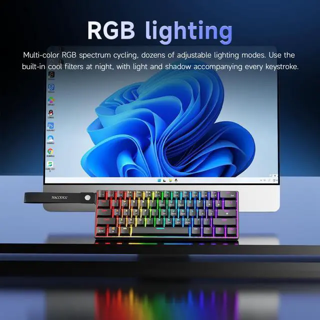 Alt view image 4 of 7 - AJAZZ NK61 Wired Full-Color Backlit Side Ambient Light Box, 61 Key Layout, Includes Ribbon, Hot-Swappable Sockets, Red Switch, Fine-Tuning Satellite Switch Black gray yellow