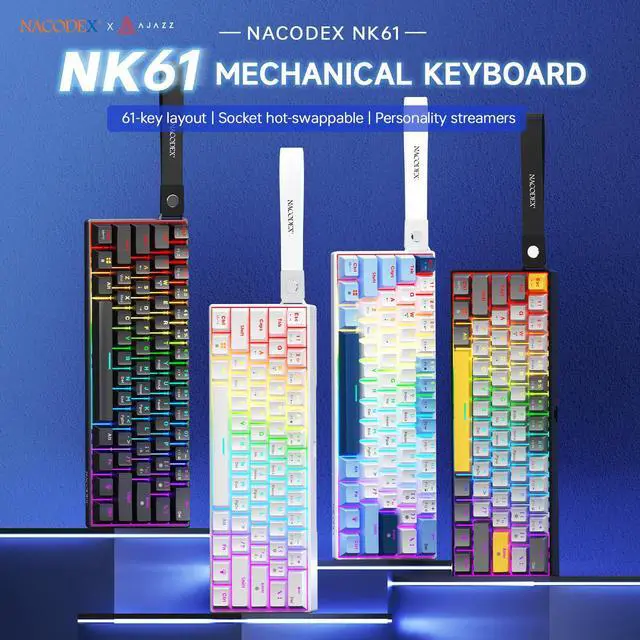 Alt view image 2 of 7 - AJAZZ NK61 Wired Full-Color Backlit Side Ambient Light Box, 61 Key Layout, Includes Ribbon, Hot-Swappable Sockets, Red Switch, Fine-Tuning Satellite Switch Black gray yellow
