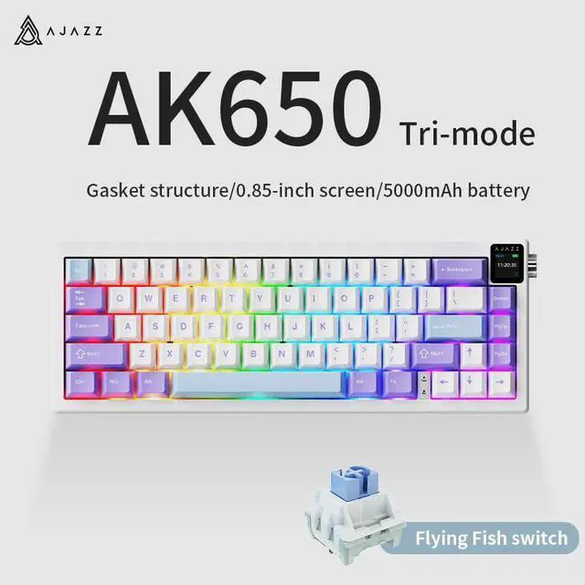 Main image of AJAZZ AK650 Tri-Mode Wireless Mechanical Keyboard With Screen, Knobs, RGB Lighting, Music Rhythm Sync, 65pcs Layout, 5000mAh Battery, Dual-System Switching, Adjustable Stand, for Gaming & Office