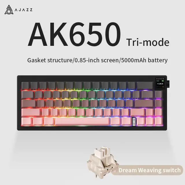 Main image of AJAZZ AK650 Tri-Mode Wireless Mechanical Keyboard With Screen, Knobs, RGB Lighting, Music Rhythm Sync, 65pcs Layout, 5000mAh Battery, Dual-System Switching, Adjustable Stand, for Gaming & Office
