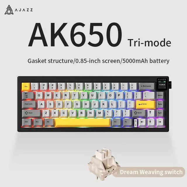 Main image of AJAZZ AK650 Tri-Mode Wireless Mechanical Keyboard With Screen, Knobs, RGB Lighting, Music Rhythm Sync, 65pcs Layout, 5000mAh Battery, Dual-System Switching, Adjustable Stand, for Gaming & Office