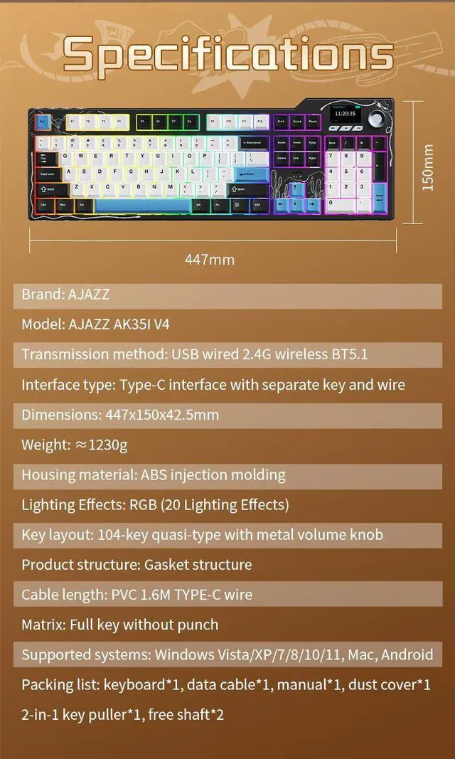 Alt view image 7 of 7 - Ajazz AK35I V4 Customizable Wireless Gaming Mechanical Keyboard, Wired/Wireless 2.4G/BT, Gasket Structure, 10000mAh Battery, Full-Color RGB, 1.14-inch Color Screen, Knob, Multi-Function Keys.