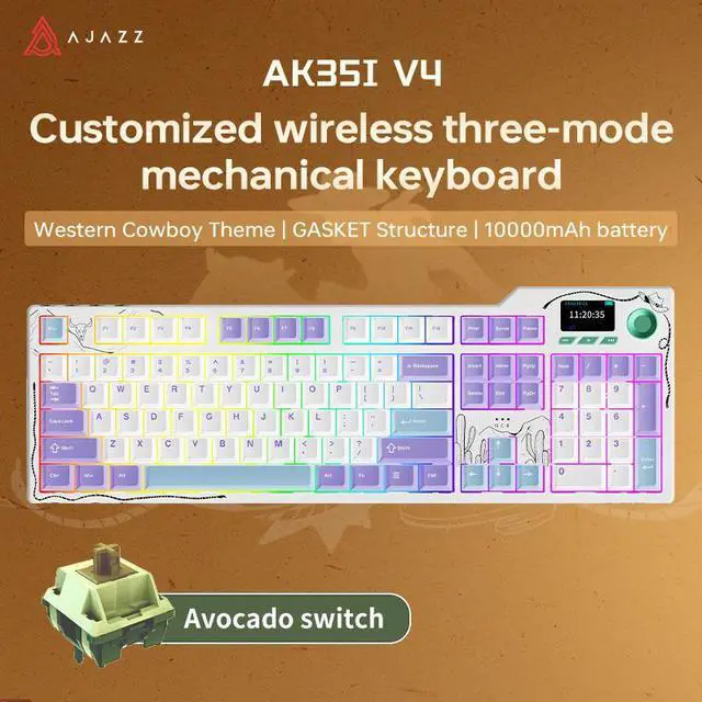 Main image of Ajazz AK35I V4 Customizable Wireless Gaming Mechanical Keyboard, Wired/Wireless 2.4G/BT, Gasket Structure, 10000mAh Battery, Full-Color RGB, 1.14-inch Color Screen, Knob, Multi-Function Keys.