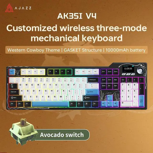 Main image of Ajazz AK35I V4 Customizable Wireless Gaming Mechanical Keyboard, Wired/Wireless 2.4G/BT, Gasket Structure, 10000mAh Battery, Full-Color RGB, 1.14-inch Color Screen, Knob, Multi-Function Keys.