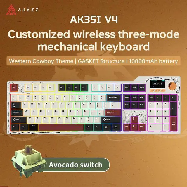 Main image of Ajazz AK35I V4 Customizable Wireless Gaming Mechanical Keyboard, Wired/Wireless 2.4G/BT, Gasket Structure, 10000mAh Battery, Full-Color RGB, 1.14-inch Color Screen, Knob, Multi-Function Keys.
