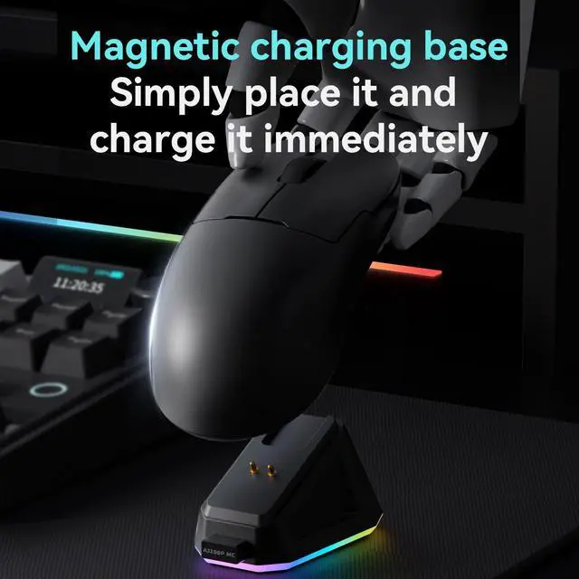 Alt view image 4 of 7 - AJAZZ AJ159P MC Tri-Mode Gaming Mouse, 12000 DPI, 56g Ultra-Light, Magnetic RGB Charging Base, Programmable 6 Buttons, Ergonomic Design, Suitable for Desktop and Laptop Computers