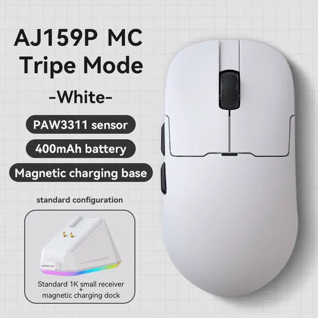 Main image of AJAZZ AJ159P MC Tri-Mode Gaming Mouse, 12000 DPI, 56g Ultra-Light, Magnetic RGB Charging Base, Programmable 6 Buttons, Ergonomic Design, Suitable for Desktop and Laptop Computers White