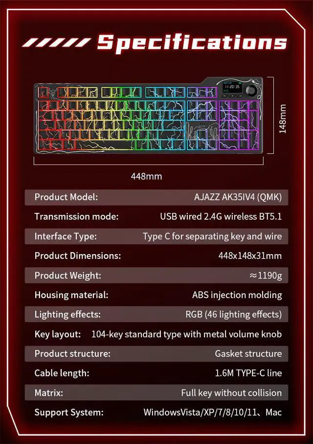 Alt view image 7 of 7 - Ajazz AK35I V4 Customizable Wireless Gaming Mechanical Keyboard, Wired/Wireless 2.4G/BT, Gasket Structure, 10000mAh Battery, Full-Color RGB, 1.14-inch Color Screen, Knob, Multi-Function Keys.