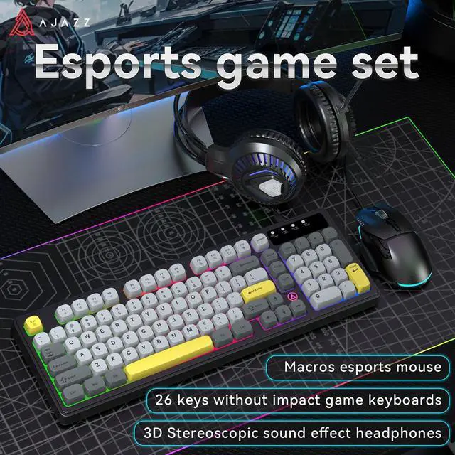 Main image of AJAZZ AT120 Set: Gaming keyboard, mouse, and headset combo, with RGB breathing light effect, 3D surround sound, wired keyboard and mouse, full-size mechanical keyboard, computer gaming equipment