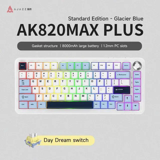 Main image of Ajazz AK820 MAX PLUS 75% three-mode mechanical keyboard, with volume knob, gasket-structure gaming keyboard, Bluetooth/2.4GHz/USB-C wired three-mode RGB DIY