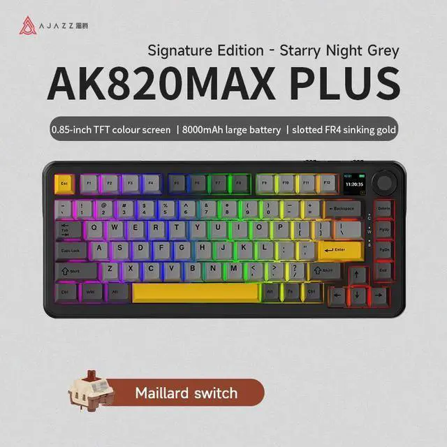 Main image of Ajazz AK820 MAX PLUS 75% three-mode mechanical keyboard, with volume knob, gasket-structure gaming keyboard, Bluetooth/2.4GHz/USB-C wired three-mode RGB DIY Black Grey Yellow--Maillard Switch