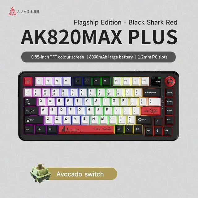 Main image of Ajazz AK820 MAX PLUS 75% three-mode mechanical keyboard, with volume knob, gasket-structure gaming keyboard, Bluetooth/2.4GHz/USB-C wired three-mode RGB DIY Black Red--Avocado Switch