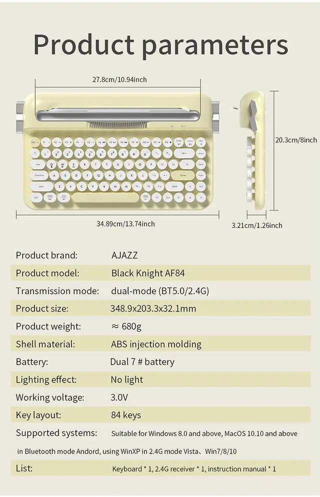 Alt view image 7 of 7 - Ajazz AF84 Wireless Bluetooth Keyboard Dual-Mode (Bluetooth/2.4G) Connectivity, Cute Retro Design, External Keyboard for Mobile Phones, Tablets, and PCs (Typewriter-Style Office Keyboard) Write Pink