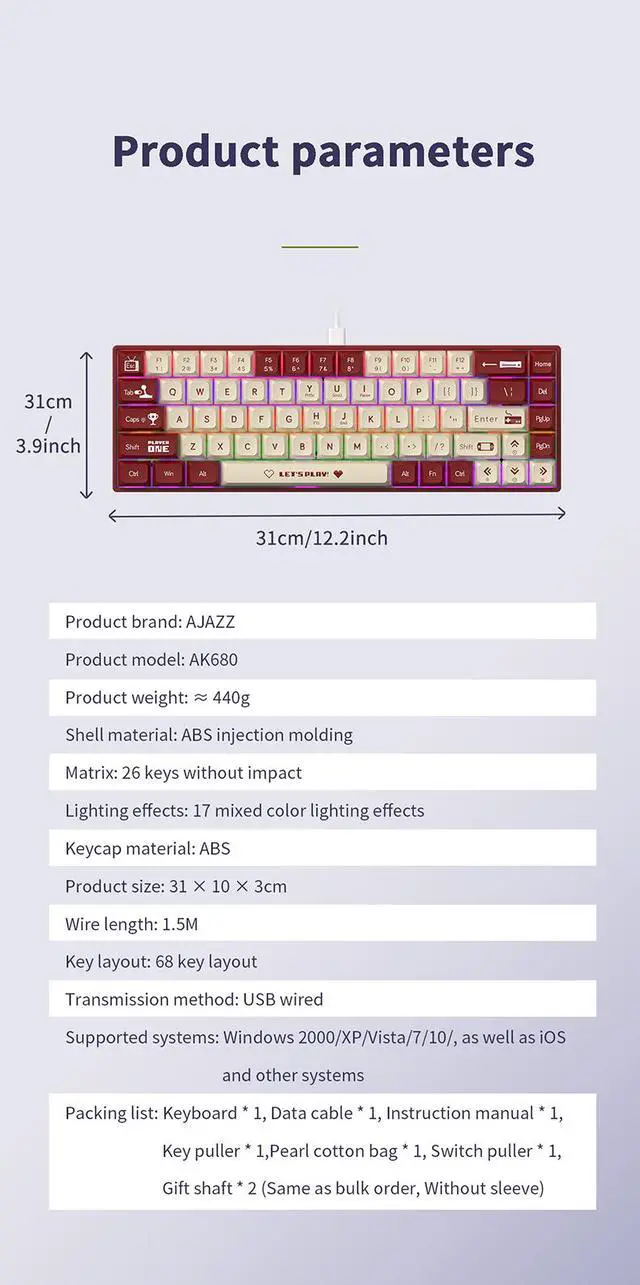 Alt view image 6 of 6 - AJAZZ AK680 Wired Mechanical Keyboard: 68-key layout Full-key hot-swappability EVA sandwich foam, Mixed-color lighting, Ergonomic design; suitable for gaming and office use; Compatible with Win/IOS
