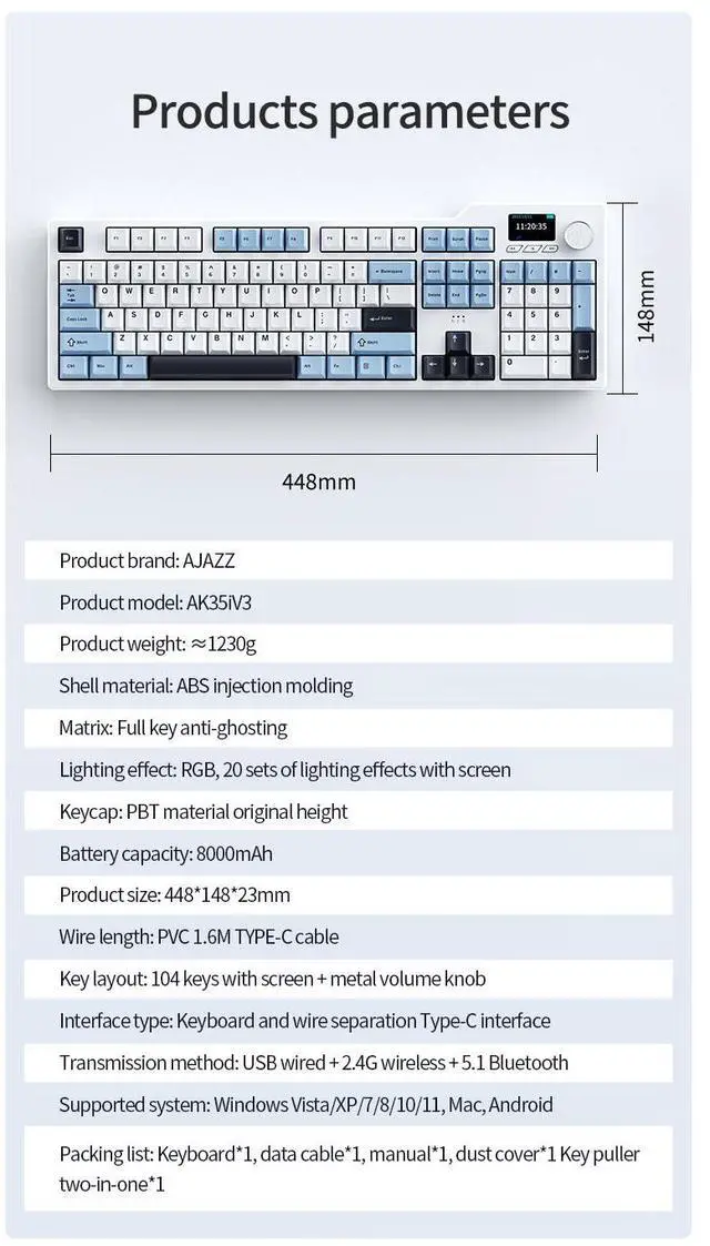 Alt view image 6 of 7 - AJAZZ AK35I V3 MAX 104-key Tri-mode Mechanical Keyboard with Screen, 1.14-inch TFT Color Screen Gasket Structure, Avocado Switch Full-key Hot-swappable RGB 8000mAh Battery