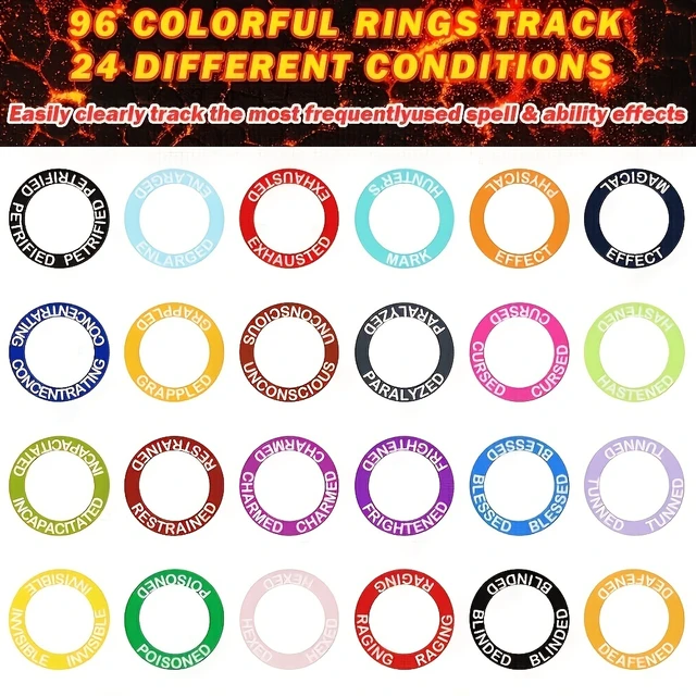 Alt view image 6 of 6 - 96 PCS DND Status Effect Rings, 24 Colorful RPG Condition Markers with Storage Box, Silicone Condition Tracker Rings for Dungeons and Dragons Tabletop RPG Board Games Gift