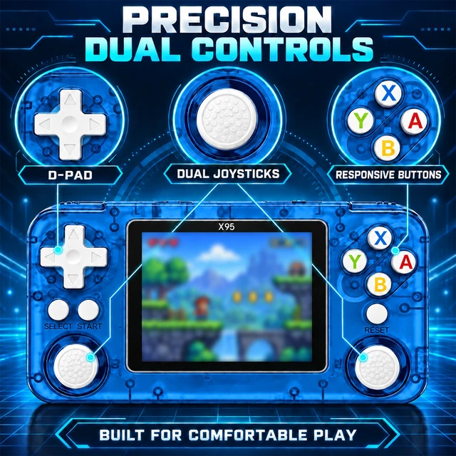 Alt view image 6 of 7 - X95 Transparent Handheld Game Console, Retro Portable Gaming Device with Dual Joysticks, HD Screen, Rechargeable Classic Video Game Player for Kids & Adults
