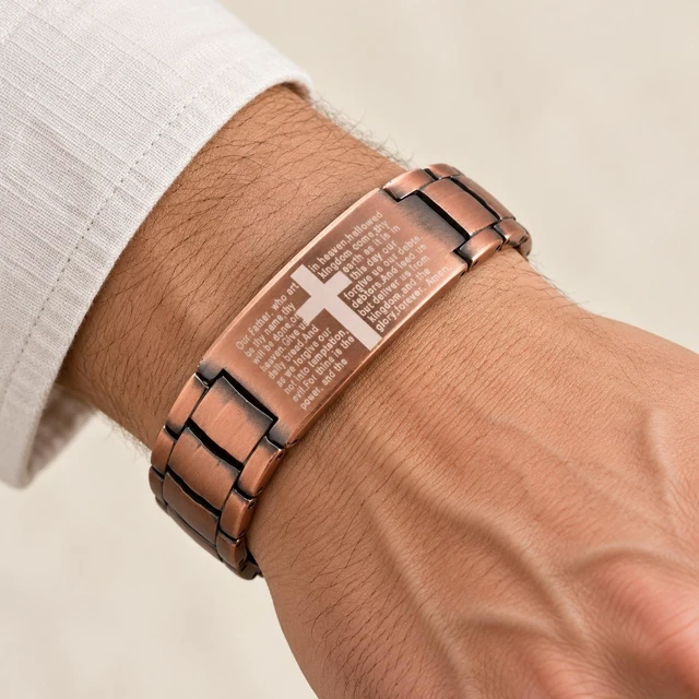 Alt view image 3 of 6 - Men's Vintage Copper Magnetic Bracelet, Engraved Lord's Prayer Cross Bible Verse Wristband, Adjustable Religious Faith Jewelry Gift for Christian Men