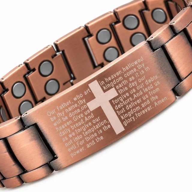 Alt view image 6 of 6 - Men's Vintage Copper Magnetic Bracelet, Engraved Lord's Prayer Cross Bible Verse Wristband, Adjustable Religious Faith Jewelry Gift for Christian Men