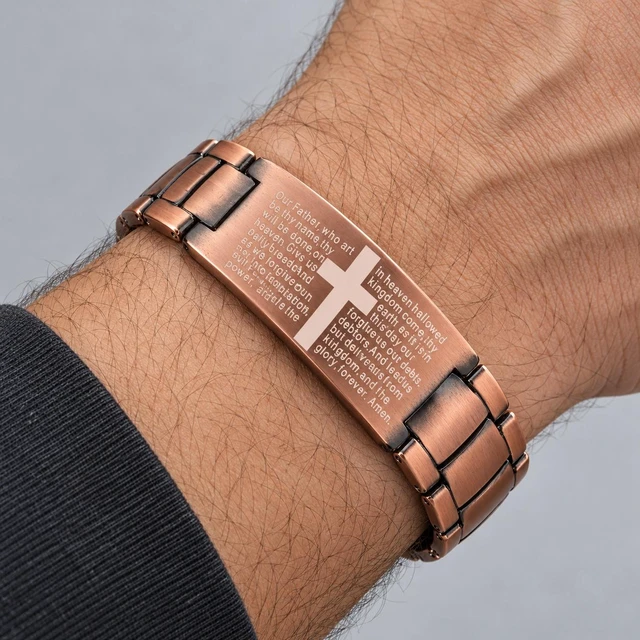 Alt view image 5 of 6 - Men's Vintage Copper Magnetic Bracelet, Engraved Lord's Prayer Cross Bible Verse Wristband, Adjustable Religious Faith Jewelry Gift for Christian Men