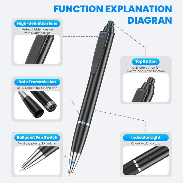 Alt view image 3 of 7 - Camera Pen,1080p Video Body Camera with 64G Built-in Memory,MINI Nanny Video Recorder for Meeting,Classroom Reading