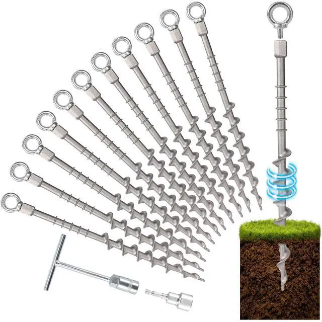 Main image of 12 Pcs 14" Ground Anchors Screw in Non-Rust Cast Aluminum Detachable Tent Stakes for Camping Tents, Sand, Trampoline, Swing Sets and Sheds